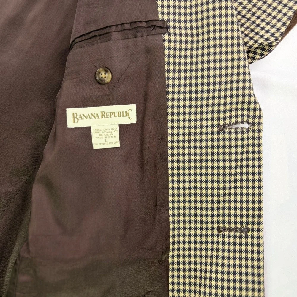 Vintage Banana Republic Wool Blazer Mens L Tan Houndstooth Elbow Patch USA